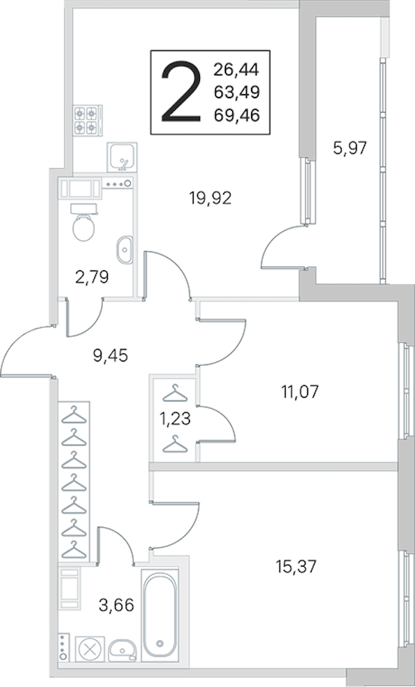 2-комнатная квартира 63.49 м², 4/4 эт., ЖК «Любоград в Стрельне»